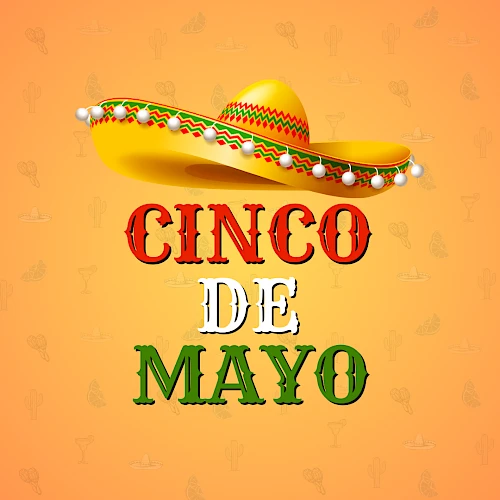 A festive Cinco de Mayo design featuring a sombrero above colorful text on an orange background, celebrating the holiday.